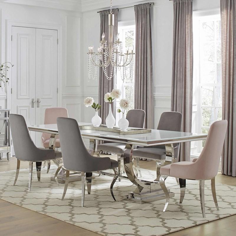 Antoine 7-piece Rectangular Dining Set Chrome and Grey & Pink